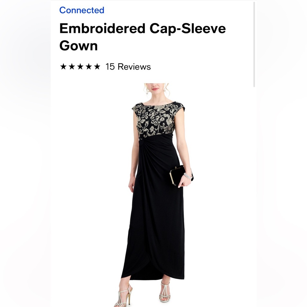 Long black embroidered cap-sleeve gown size 8